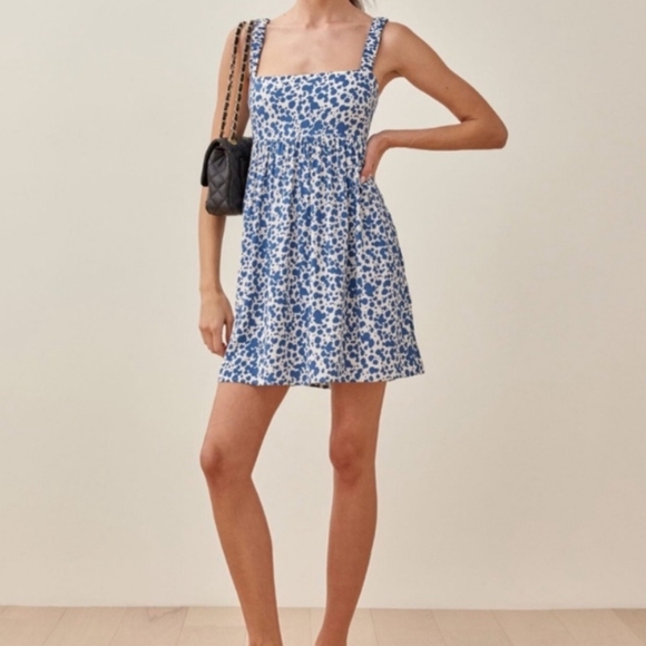 Reformation Blue Serene Mini Dress Babydoll Smocked Straps Size 2 - Picture 3 of 9